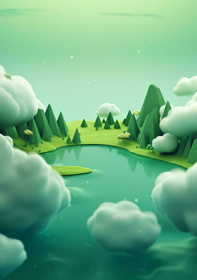 dibujos animados estilo paisaje con césped y nubes ai generado foto