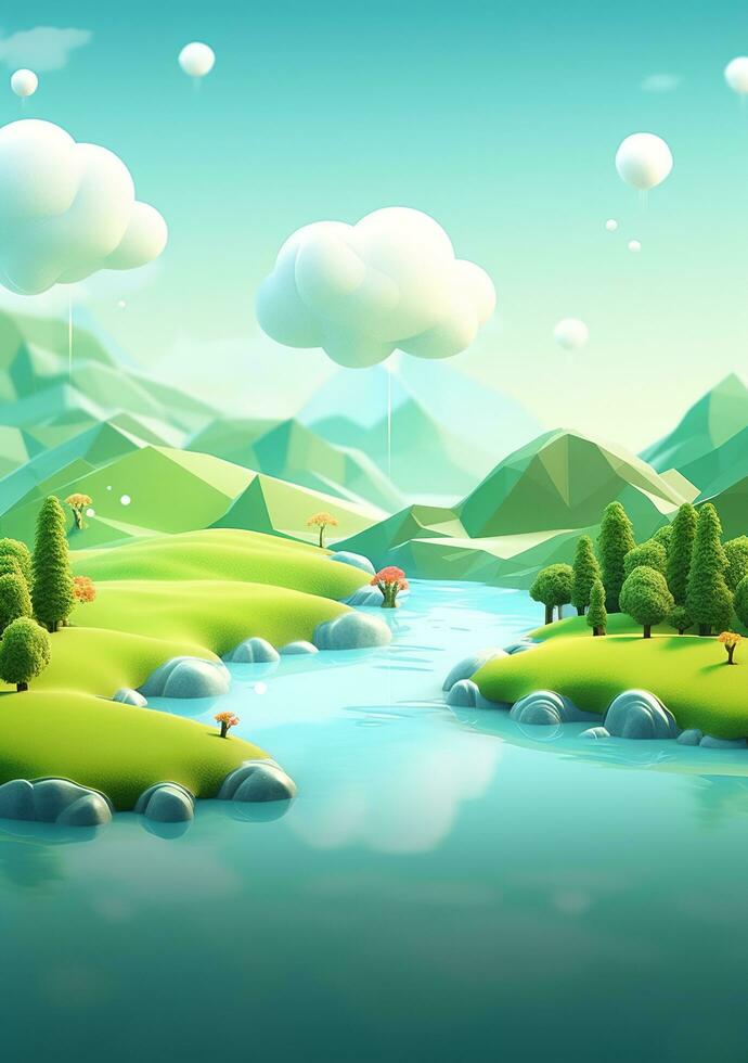 dibujos animados estilo paisaje con césped y nubes ai generado foto