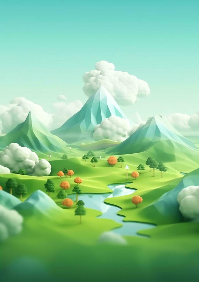 Cartoon style landscape with grass and clouds AI Generated photo