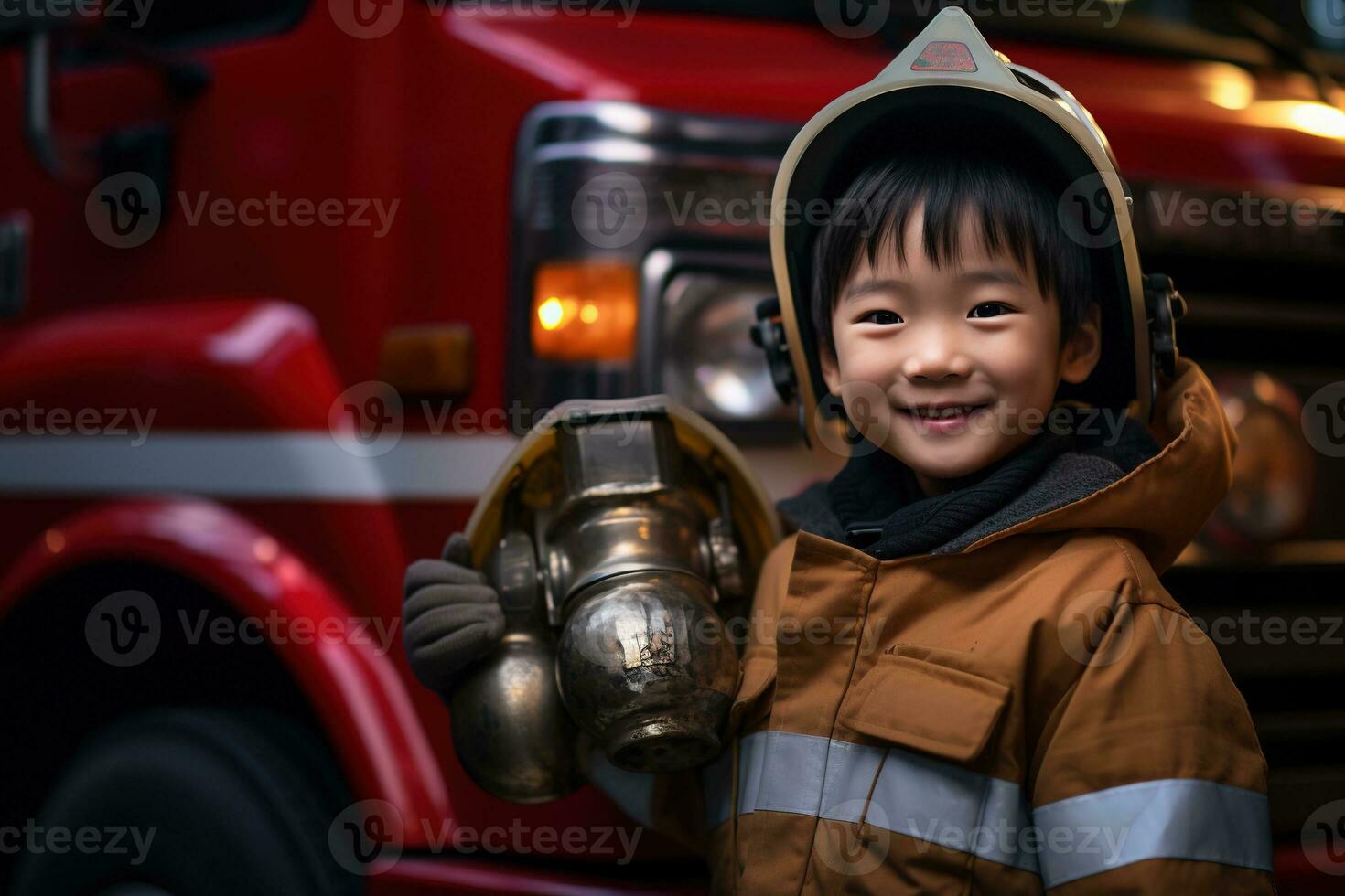 Portrait of cute little boy wearing firefighter uniform in the fire department AI generated photo