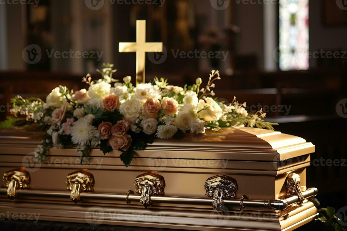 Beautiful flowers in a coffin at a funeral AI generated photo