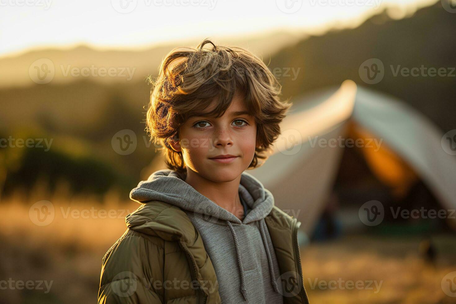 Portrait of a cute boy looking at camera while near his tent in nature AI generated photo