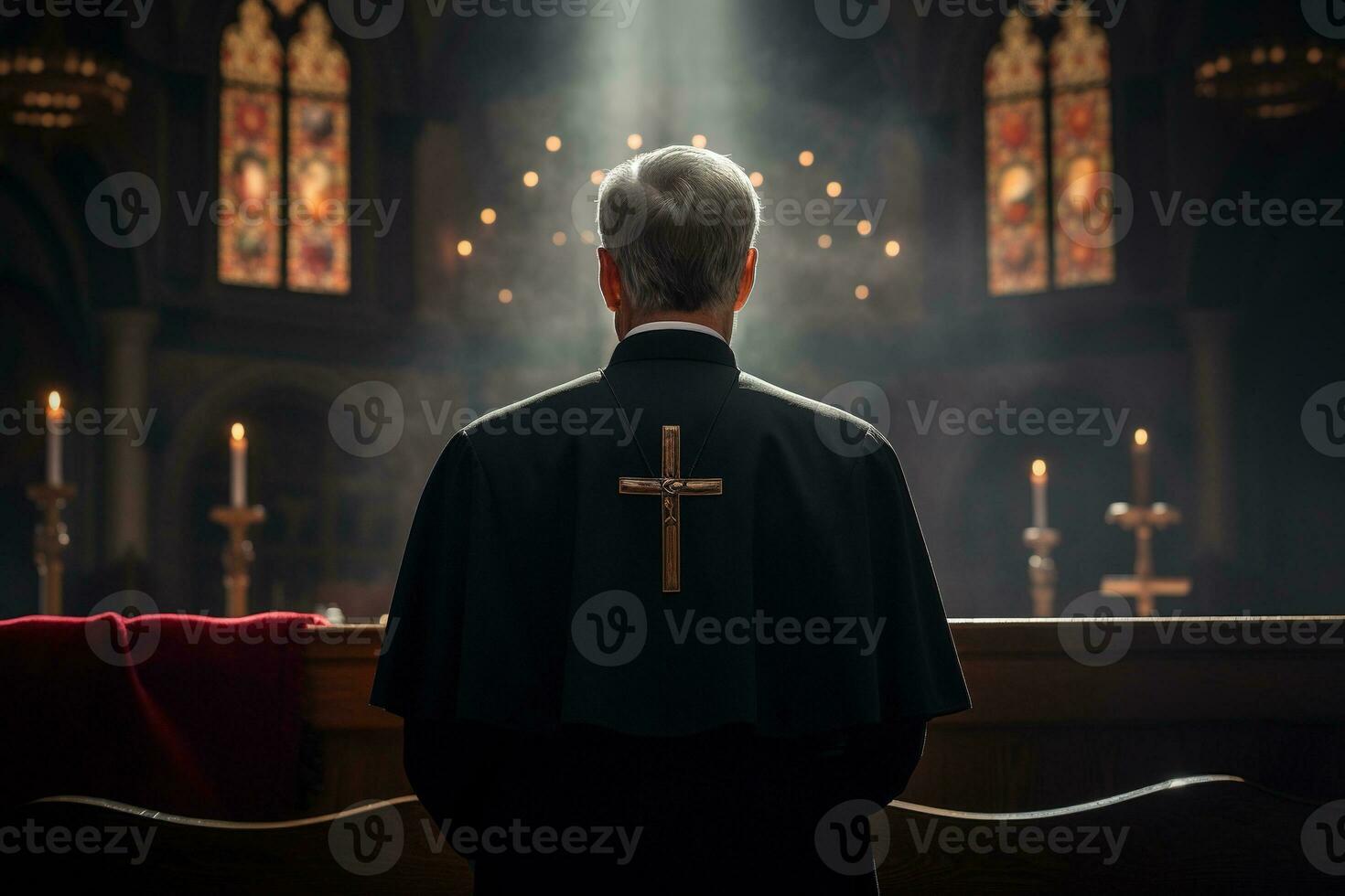 Rear view of priest looking at church interior. Religion concept. AI generated photo