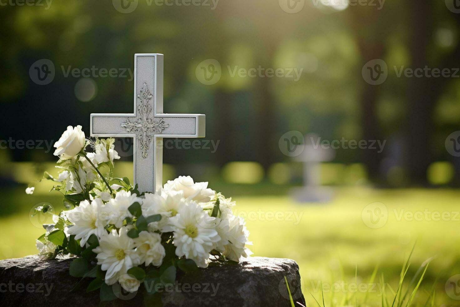 white flowers in front of a gravestone at a cemetery with sunset.Funeral Concept AI generated photo