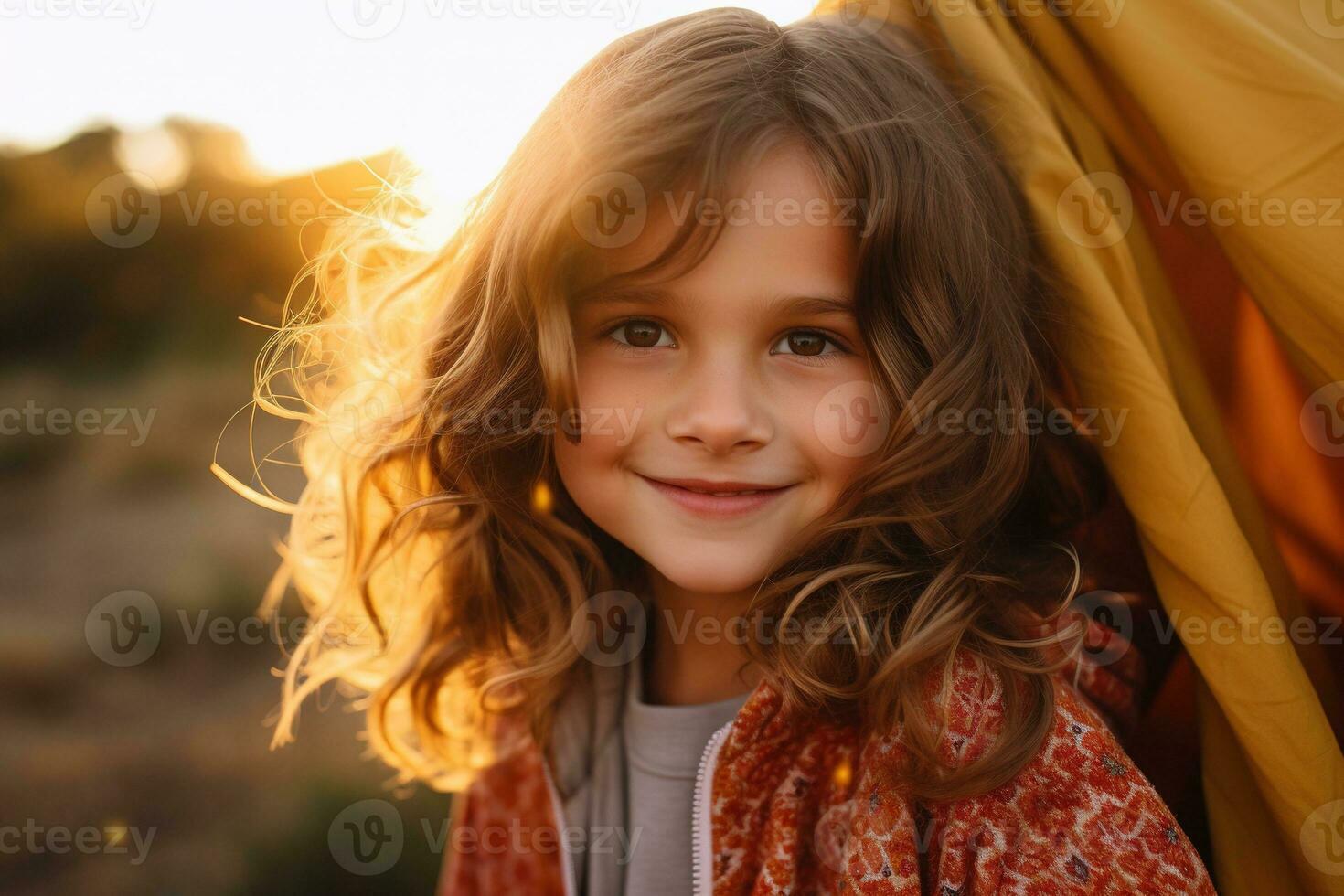 Portrait of cute little girl at camera while standing near camping tent at sunset AI generated photo