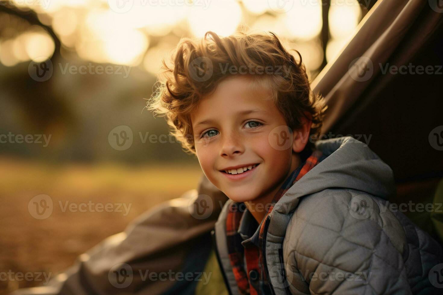 retrato de un linda chico mirando a cámara mientras cerca su tienda en naturaleza ai generado foto