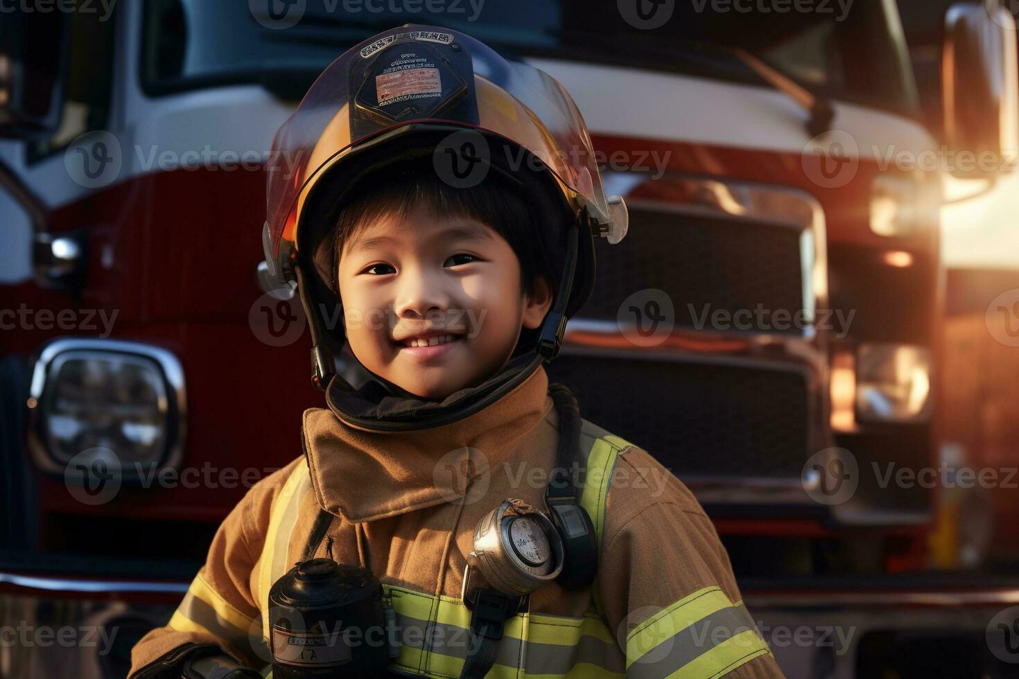 Portrait of cute little boy wearing firefighter uniform in the fire department AI generated photo