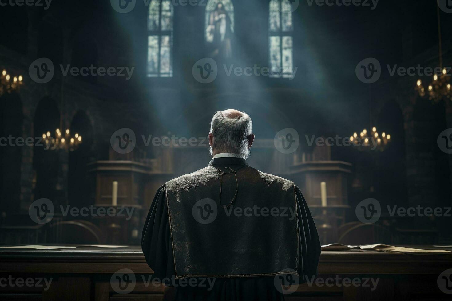 Rear view of priest looking at church interior. Religion concept. AI generated photo