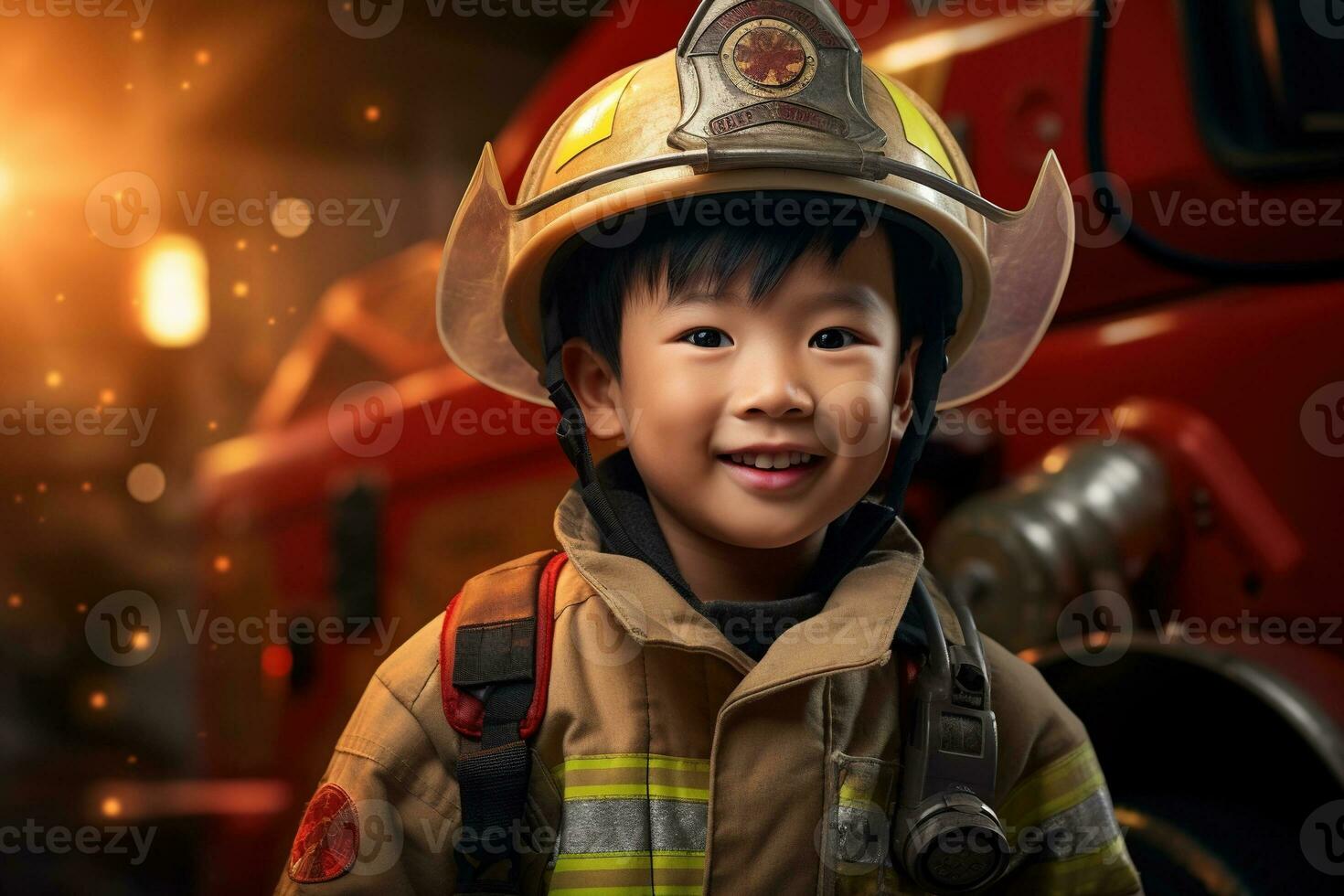 Portrait of cute little boy wearing firefighter uniform in the fire department AI generated photo