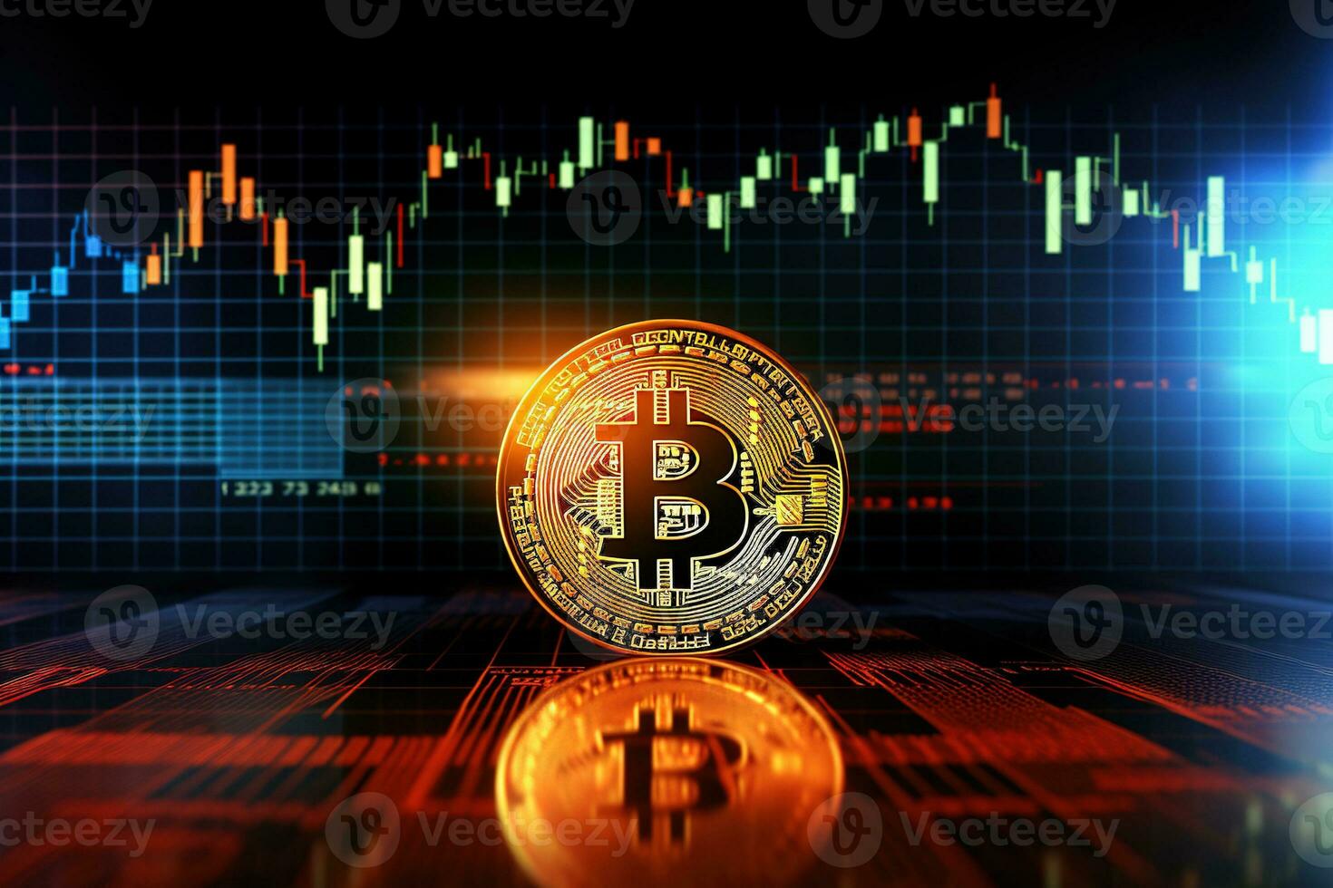 Golden Bitcoin on the background of the stock market chart. Cryptocurrency concept. AI generated photo