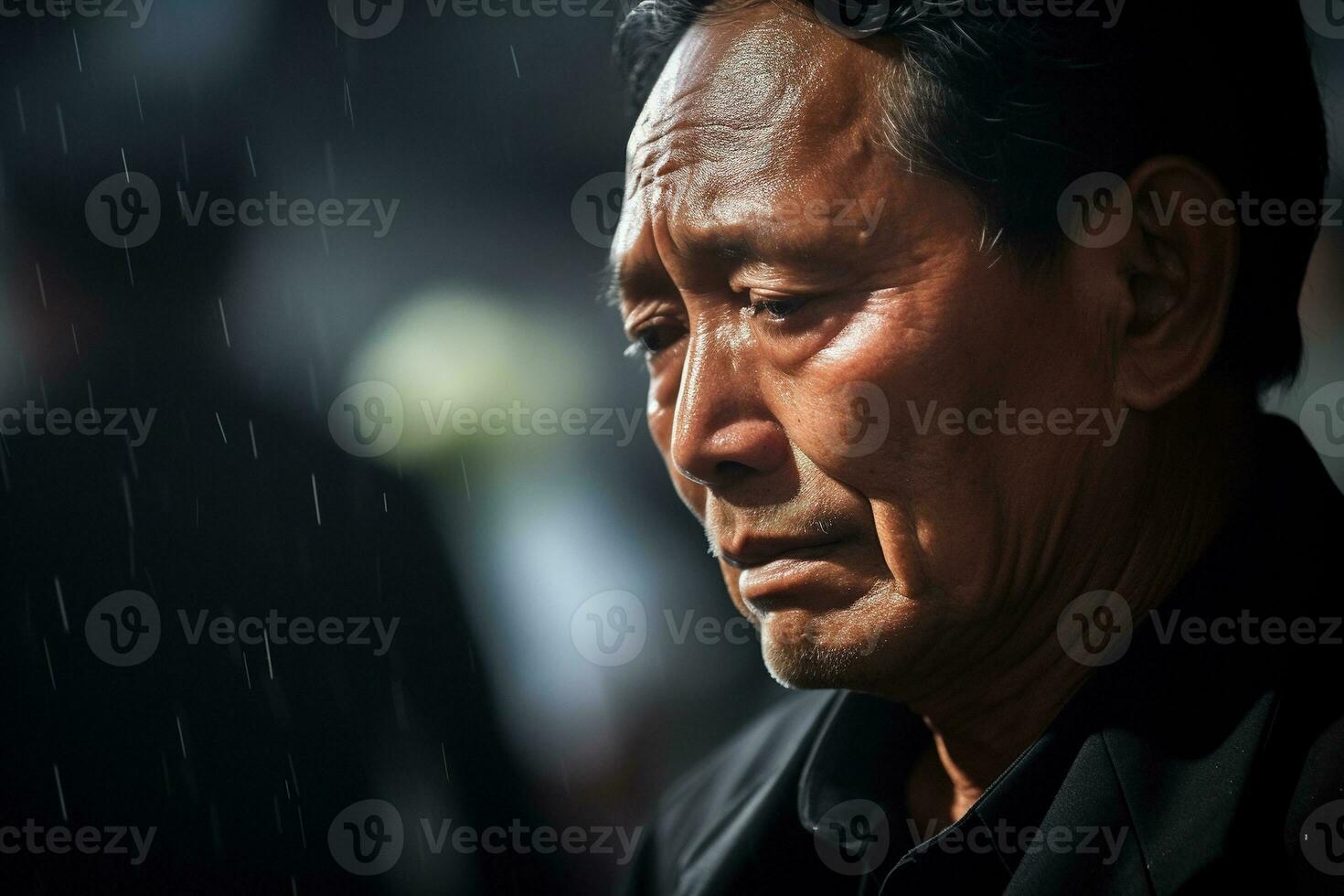 Elderly asian man with funeral sorrow and flowers in church AI generated photo