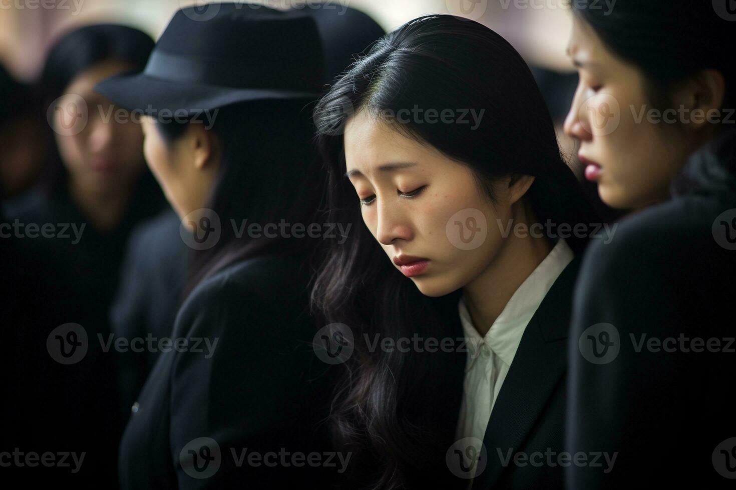 Asian woman in mourning at a funeral, shallow depth of field.Funeral Concept AI generated photo