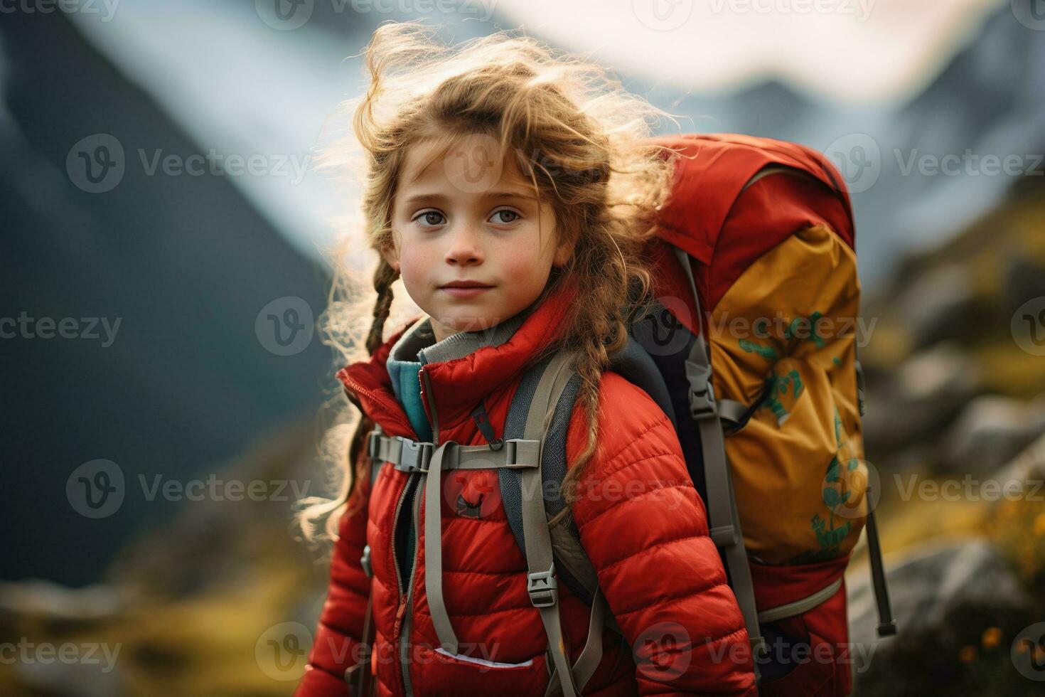 little girl with backpack hiking on mountain peak at sunset, travel and adventure concept AI generated photo
