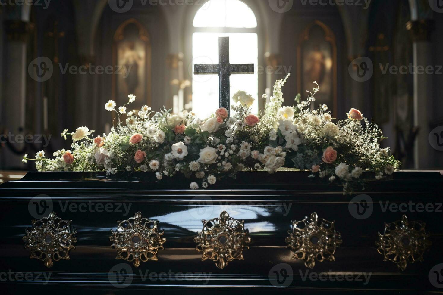 closeup shot of a casket in a hearse or chapel before funeral or burial at cemetery AI generated photo