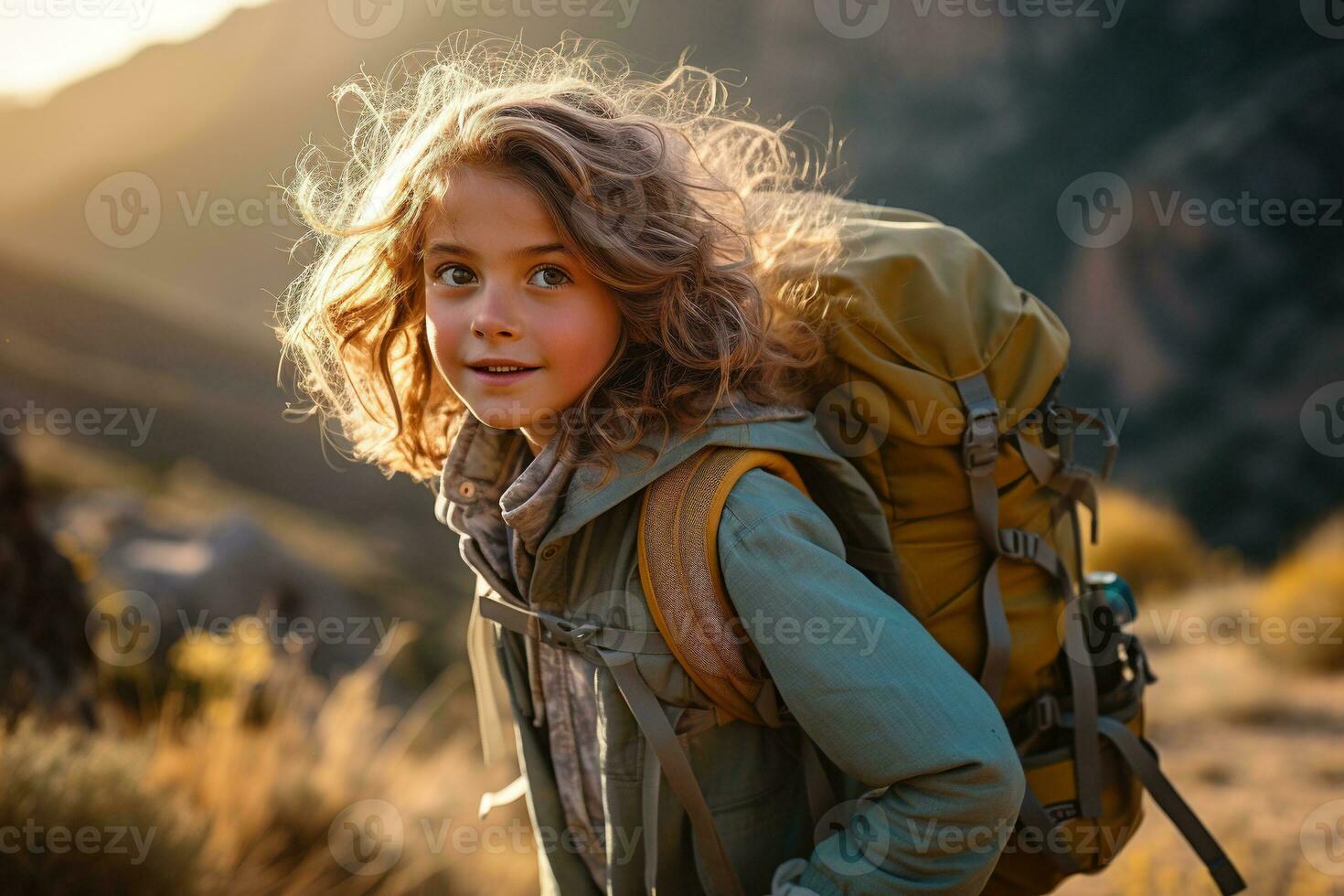 little girl with backpack hiking on mountain peak at sunset, travel and adventure concept AI generated photo