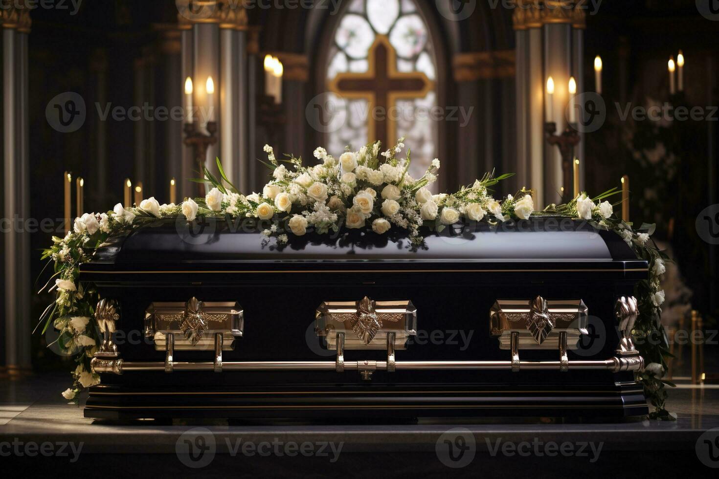 closeup shot of a casket in a hearse or chapel before funeral or burial at cemetery AI generated photo