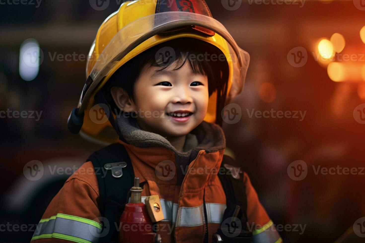 Portrait of cute little boy wearing firefighter uniform in the fire department AI generated photo