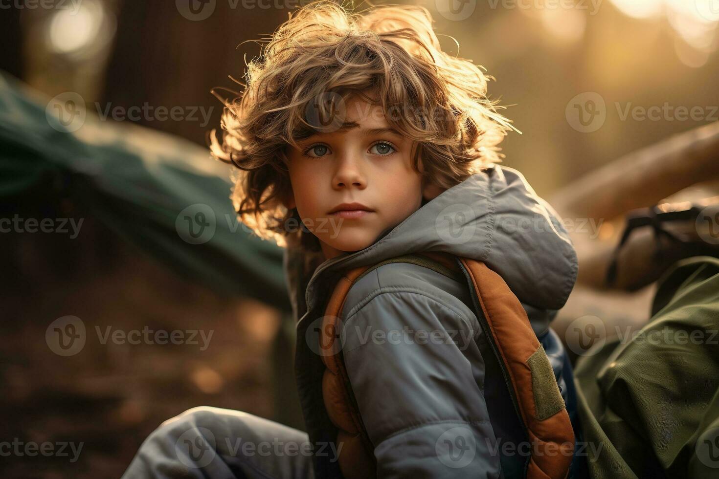 Portrait of a cute boy looking at camera while near his tent in nature AI generated photo