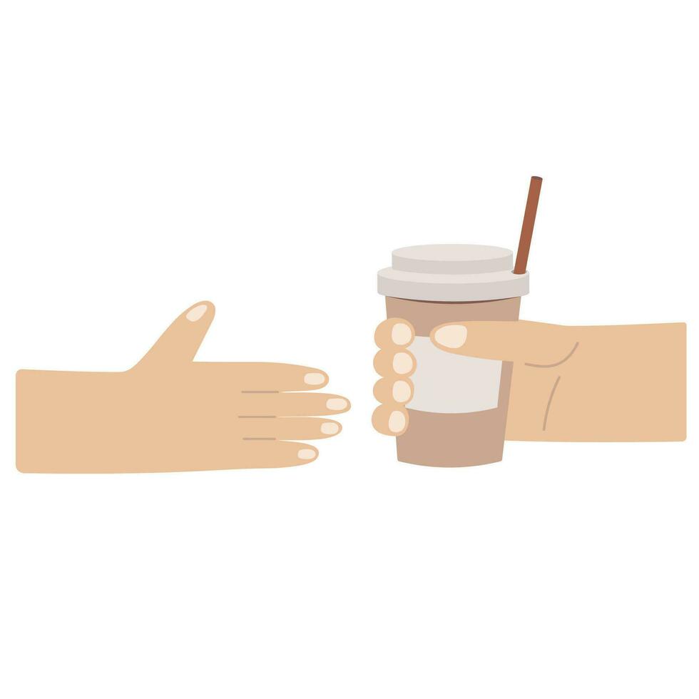 Isolated hands with coffee cup paper container. Take away latte. sale of hot drinks to go vector