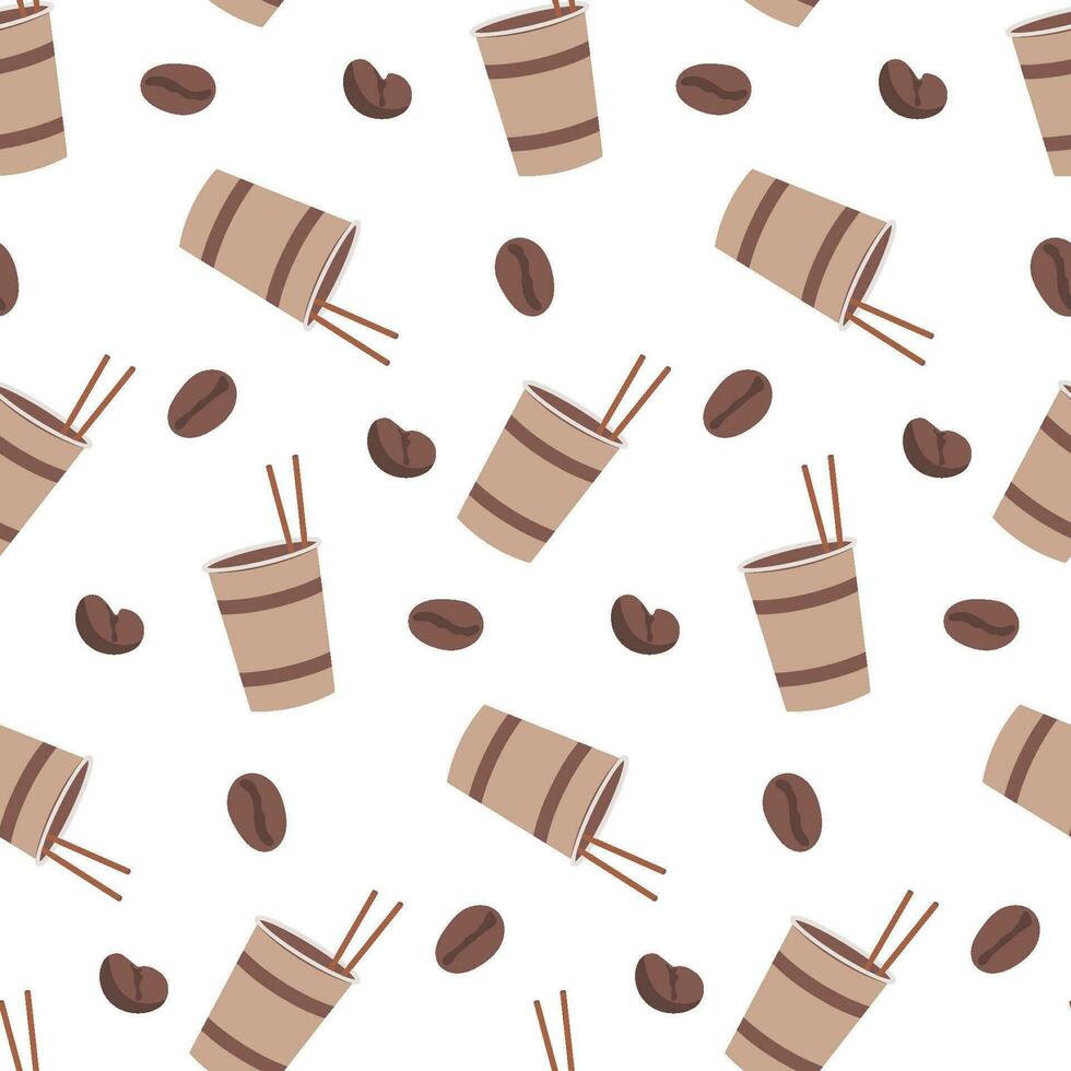 Seamless pattern with coffee in paper cup take away and coffee bean. coffee shop wrapping paper vector