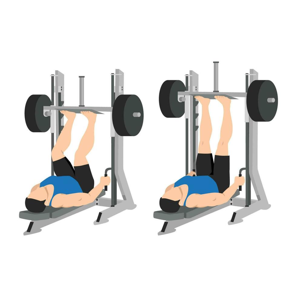 Man doing smith machine leg press exercise or reverse squat. Lying leg press exercise. vector