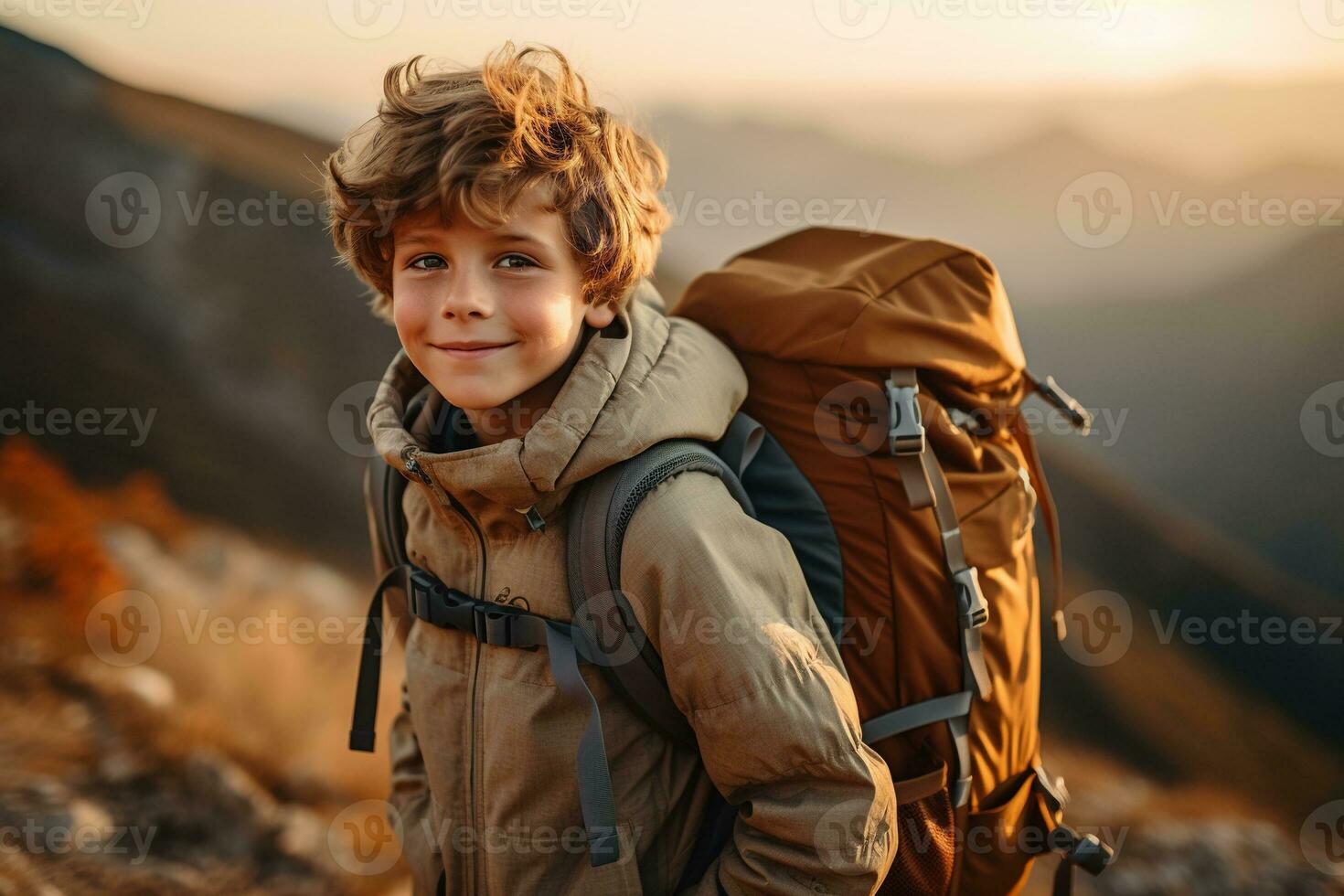 Adorable little boy with backpack hiking in mountains at sunset. Travel and active lifestyle concept AI generated photo