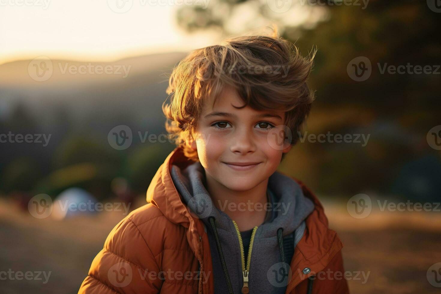Portrait of a cute boy looking at camera while near his tent in nature AI generated photo