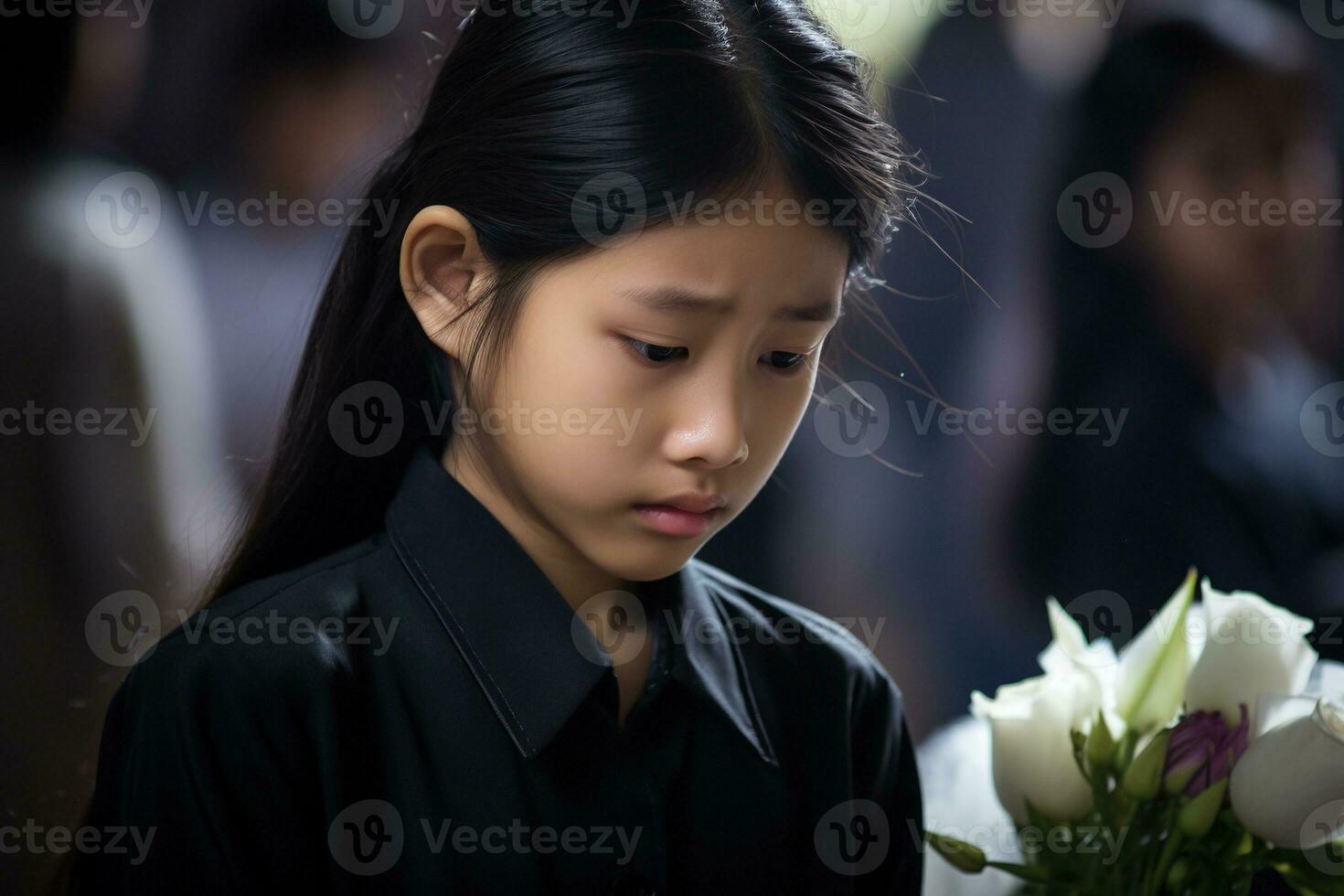Portrait of a little asian girl with in the cemetery,Funeral Concept AI generated photo