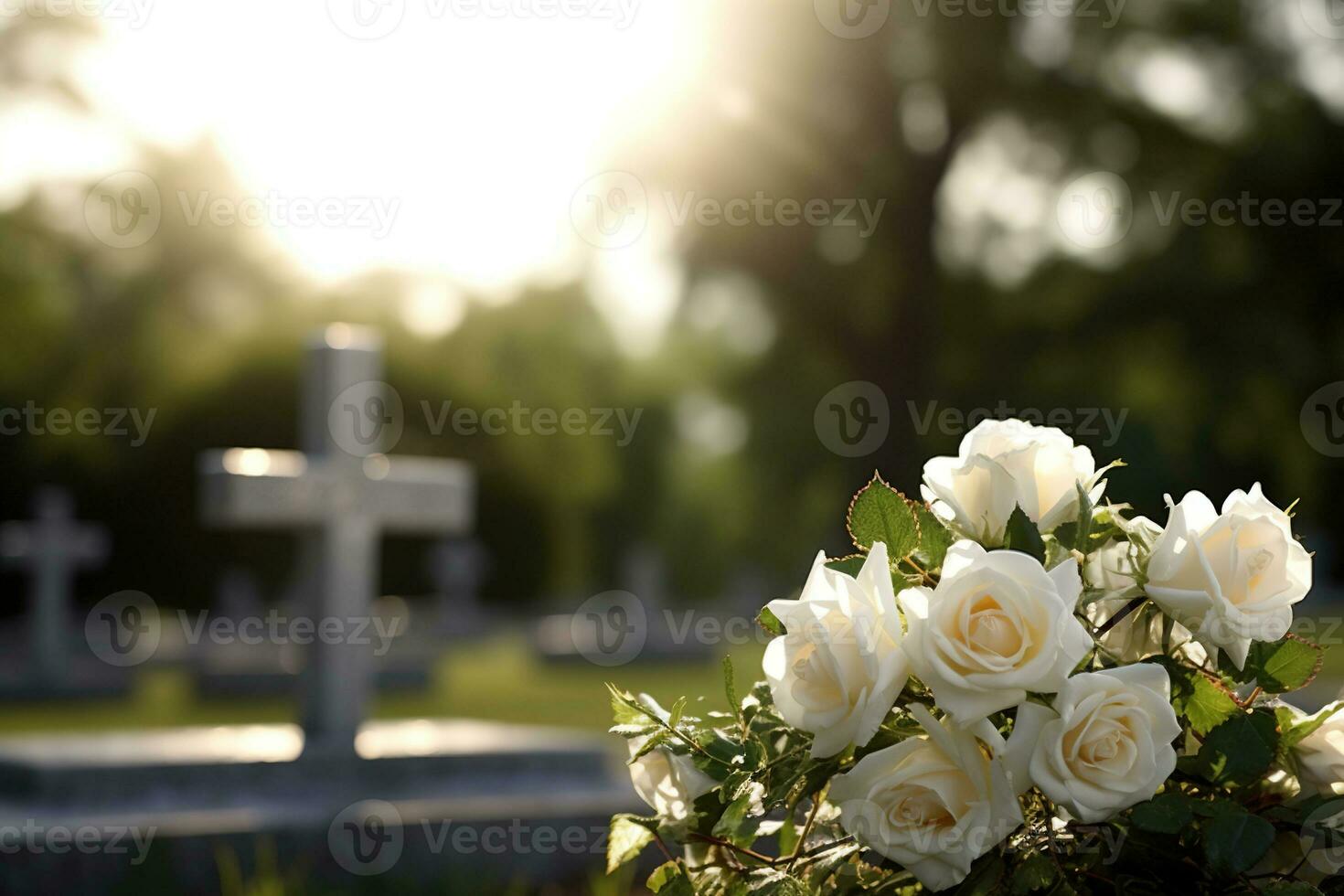 white flowers in front of a gravestone at a cemetery with sunset.Funeral Concept AI generated photo