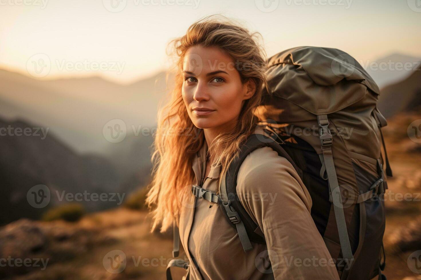 hermosa mujer caminante con mochila excursionismo en el montañas a puesta de sol ai generado foto