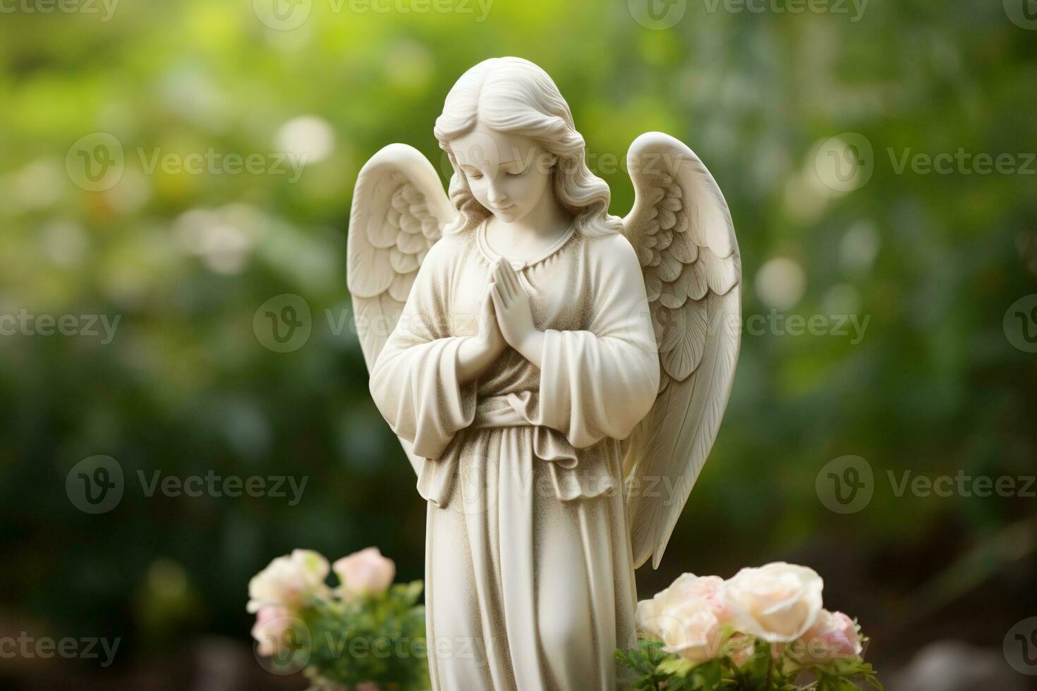 Angel statue with white roses in the cemetery.Religious background AI generated photo