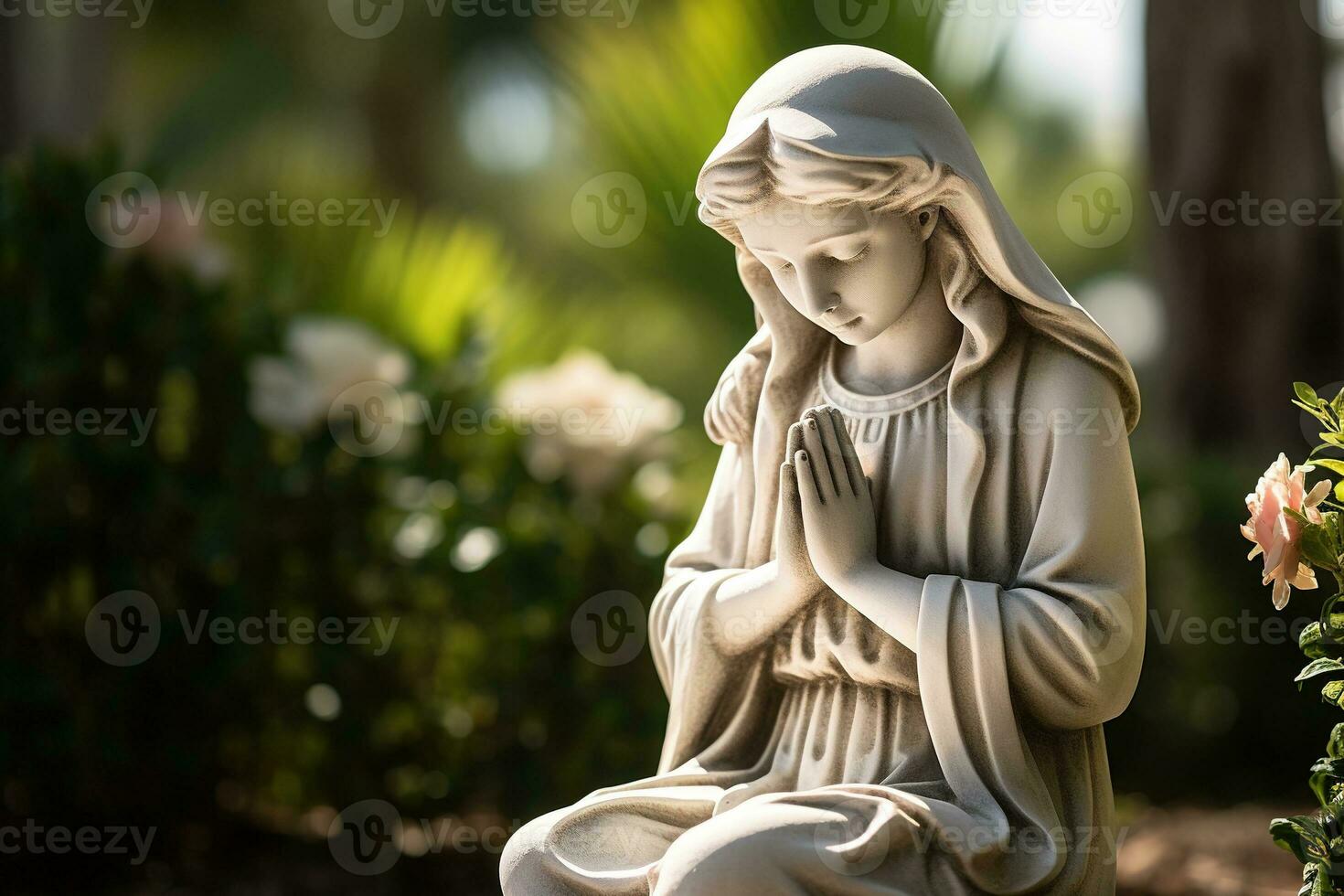 Angel statue with white roses in the cemetery.Religious background AI generated photo