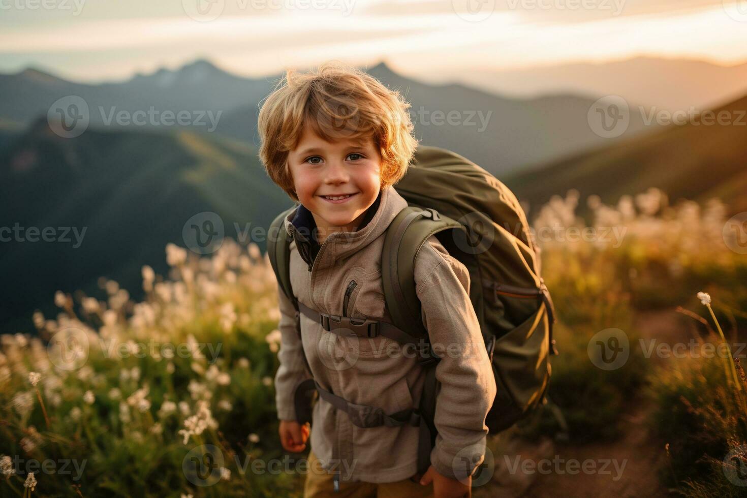 Adorable little boy with backpack hiking in mountains at sunset. Travel and active lifestyle concept AI generated photo