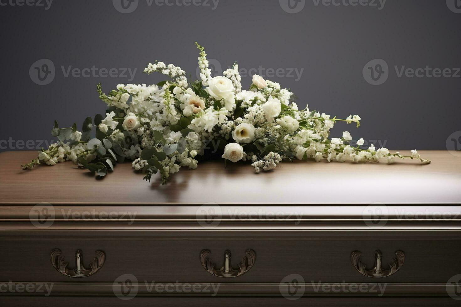 White coffin with flowers. The concept of funeral. AI generated photo