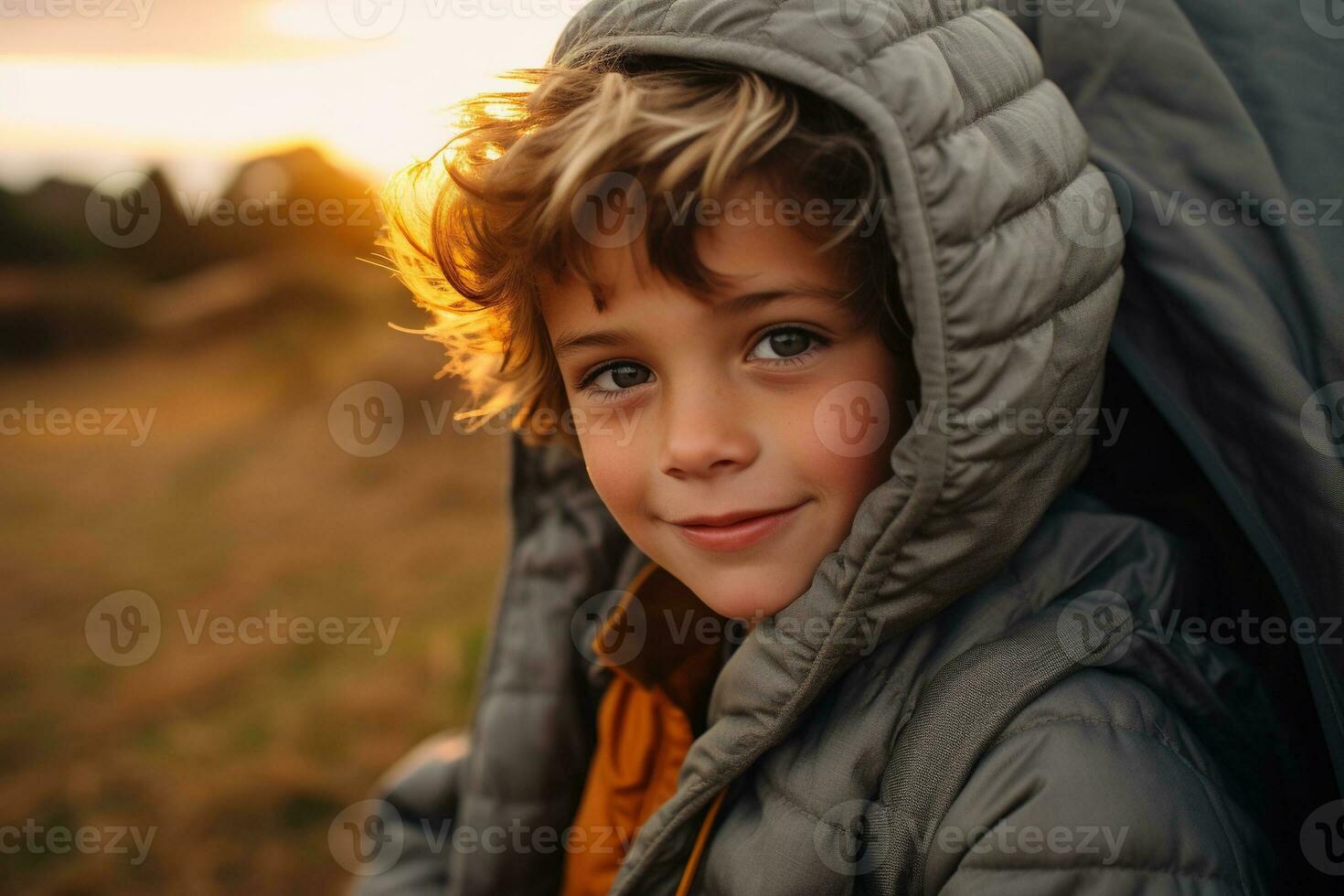 Portrait of a cute boy looking at camera while near his tent in nature AI generated photo