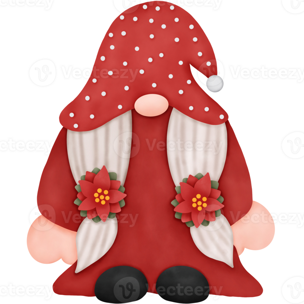 Watercolor Christmas Gnome wearing a Red Polka Dot Hat, a Red Dress and a  Poinsettia Christmas Flowers Hair Tie. png