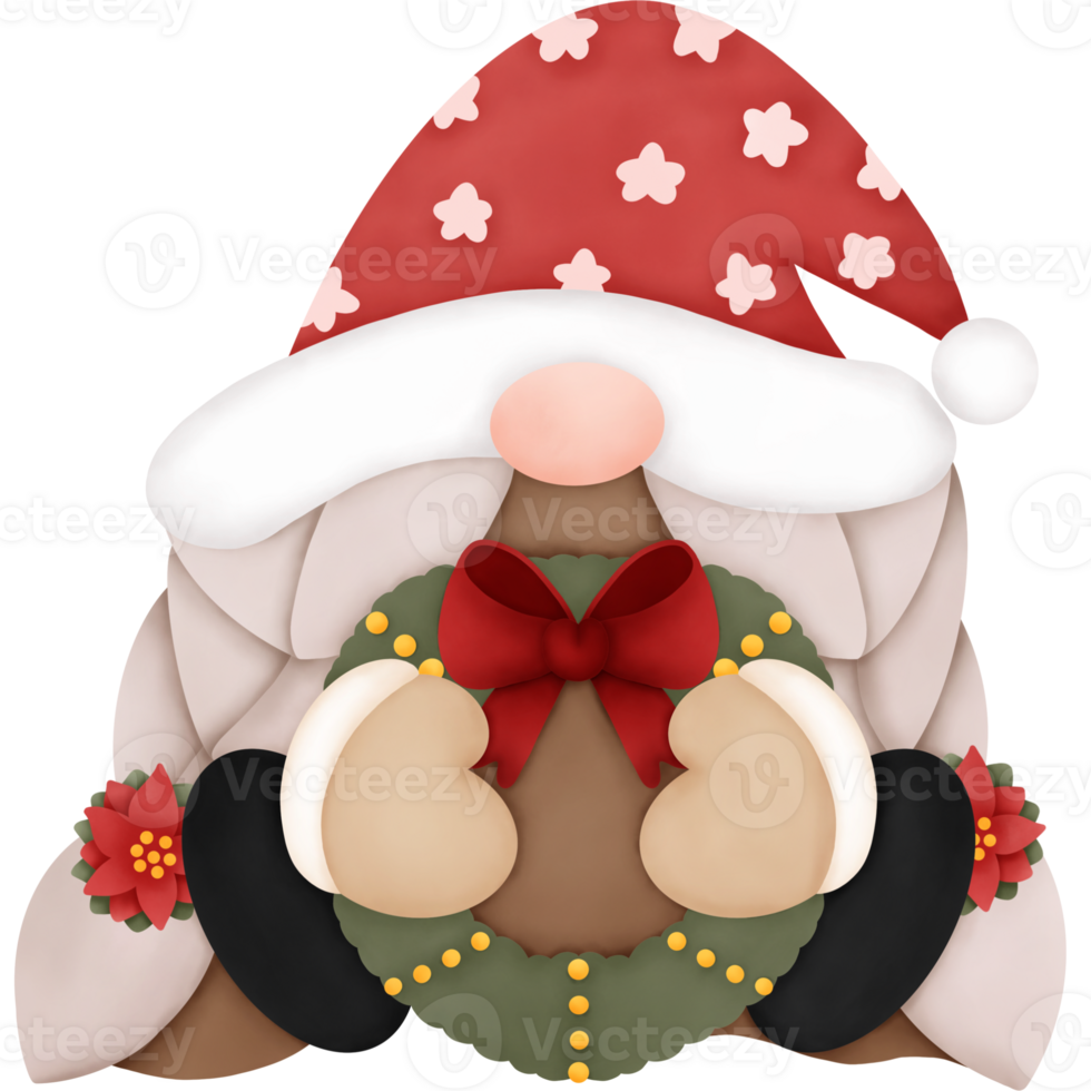Watercolor Christmas Gnome holding Christmas Wreath png
