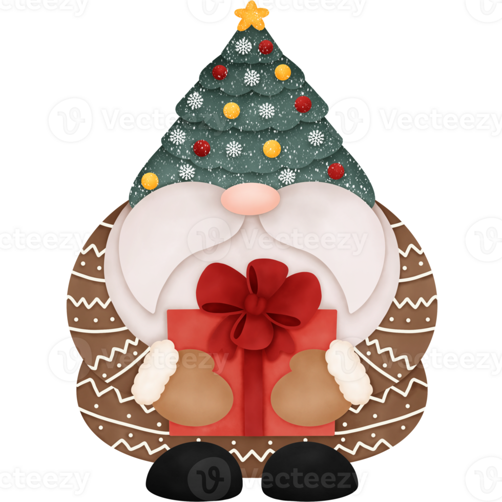 Watercolor Christmas Gnome wearing Christmas Tree Hat and Hand holding Gift Box. png