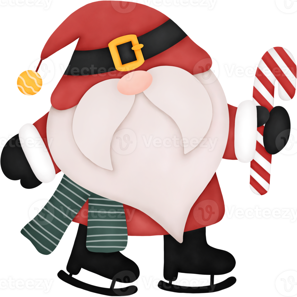 Watercolor Christmas Gnome wearing a Santa Costume and Hand Holding Candy Cane. Merry Christmas and Happy New Year Concept. png