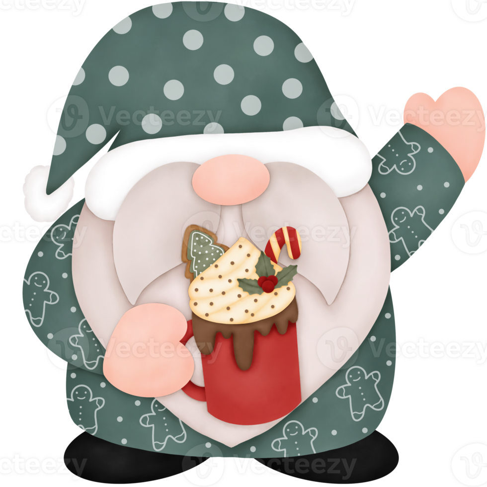 Watercolor Christmas Gnome hand holding a glass of Christmas drink. Wearing a green dress with a gingerbread pattern. Merry Christmas and Happy New Year Concept. png