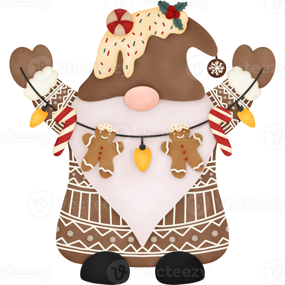 Watercolor Christmas Gnome with Gingerbread and Candy Cane. Merry  Christmas and Happy New Year Illustration. png