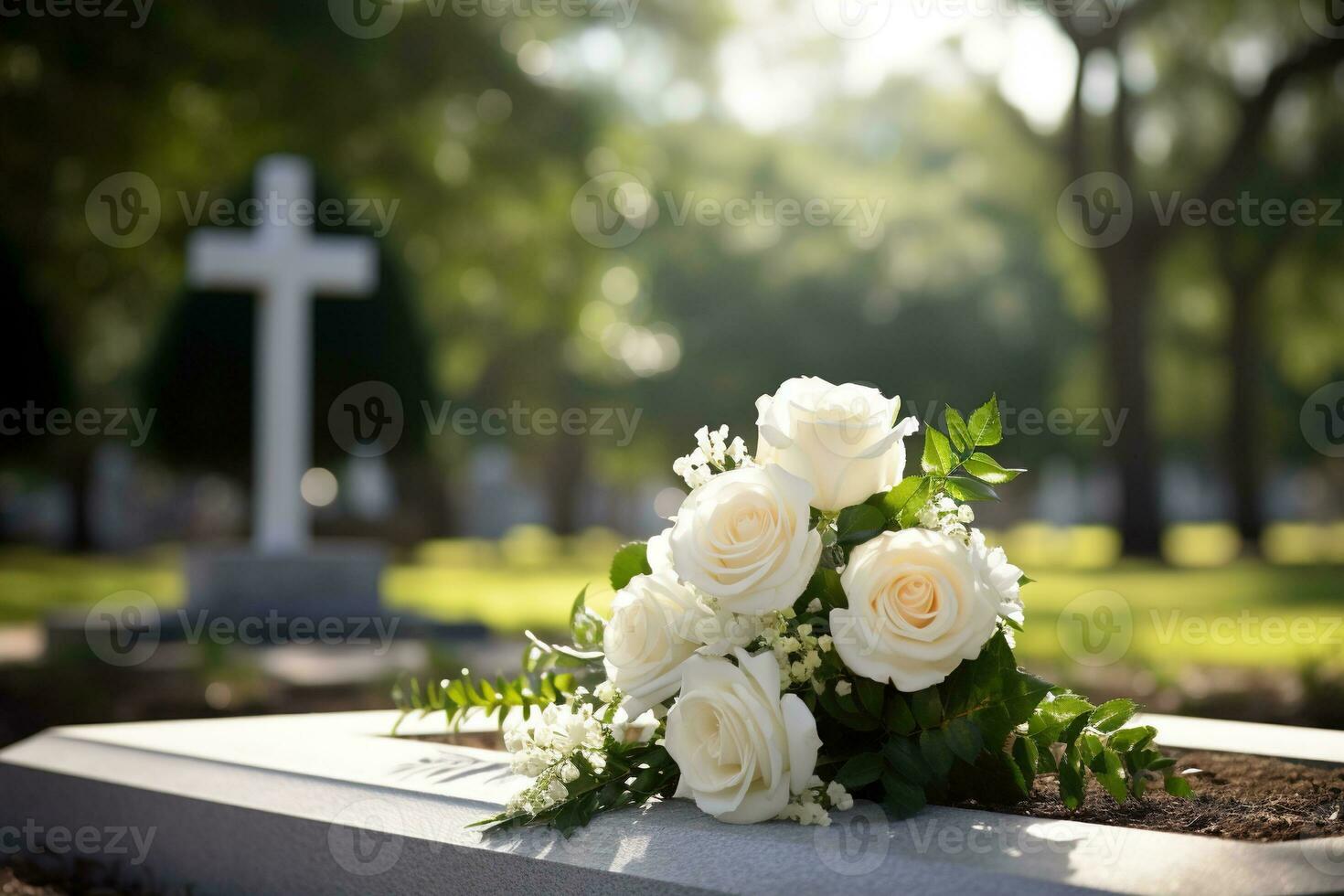 blanco flores en frente de un lápida sepulcral a un cementerio con atardecer.funeral concepto ai generado foto