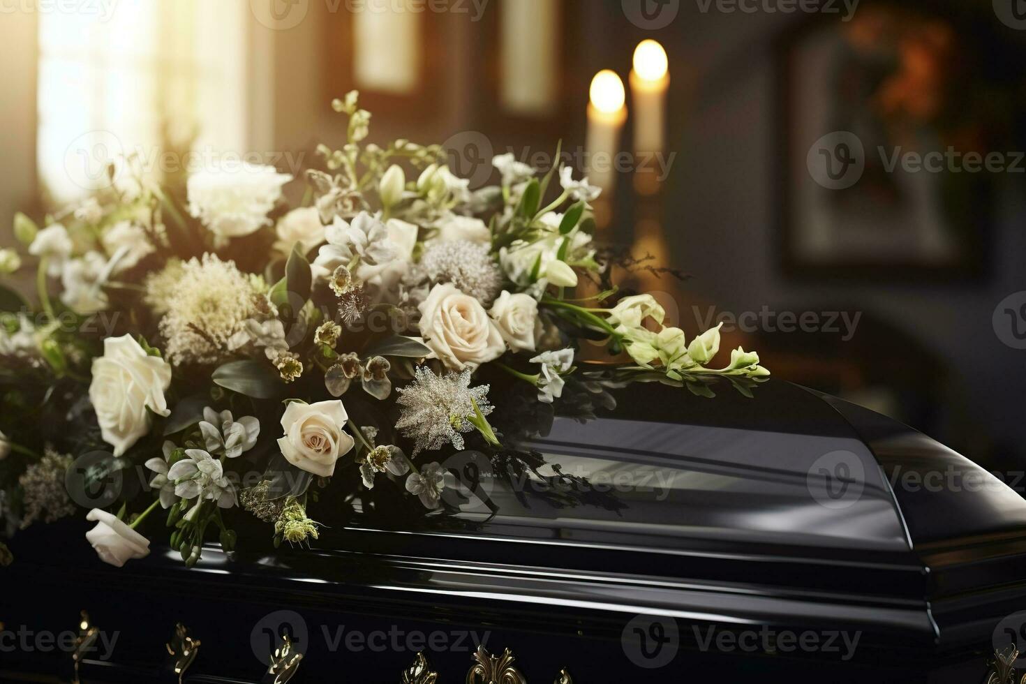 closeup shot of a casket in a hearse or chapel before funeral or burial at cemetery AI generated photo