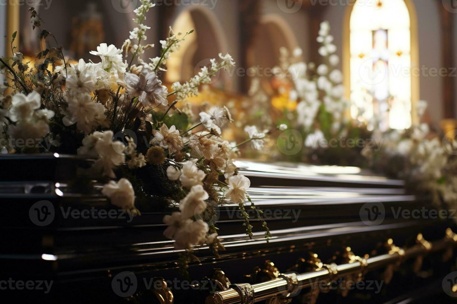 closeup shot of a casket in a hearse or chapel before funeral or burial at cemetery AI generated photo