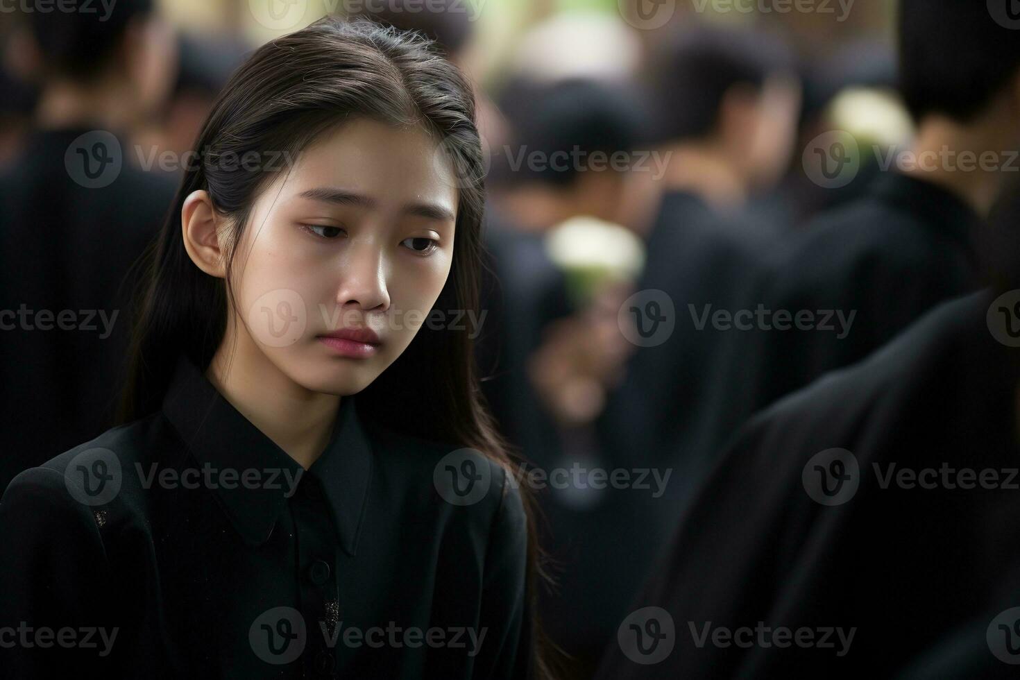 Portrait of a little asian girl with in the cemetery,Funeral Concept AI generated photo