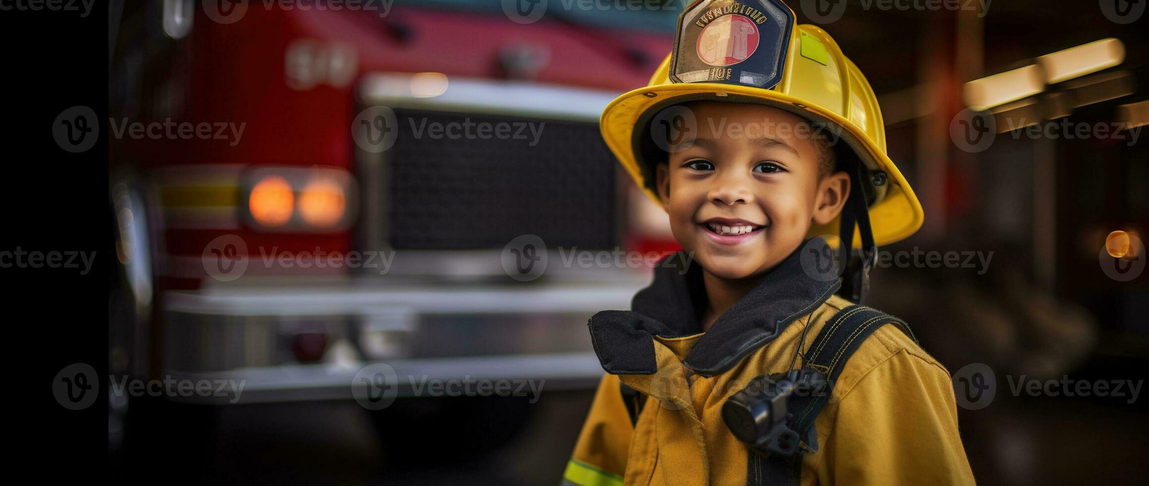 Portrait of happy asian boy wearing firefighter uniform with fire truck in background AI generated photo