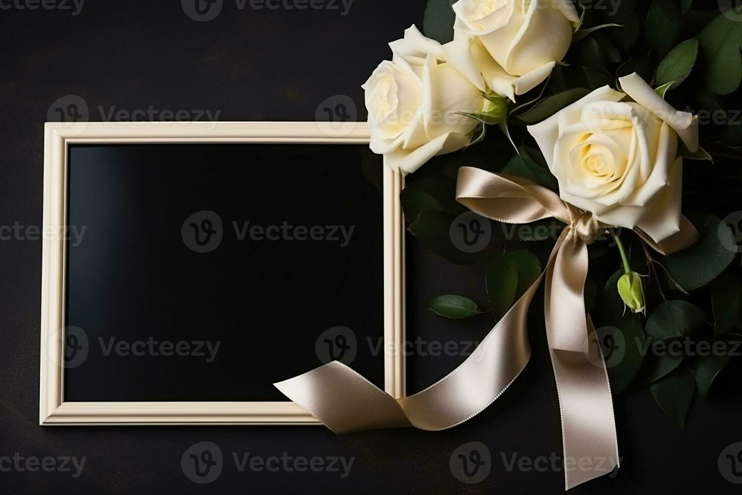 White roses with ribbon and photo frame on black background.Funeral Concept AI generated