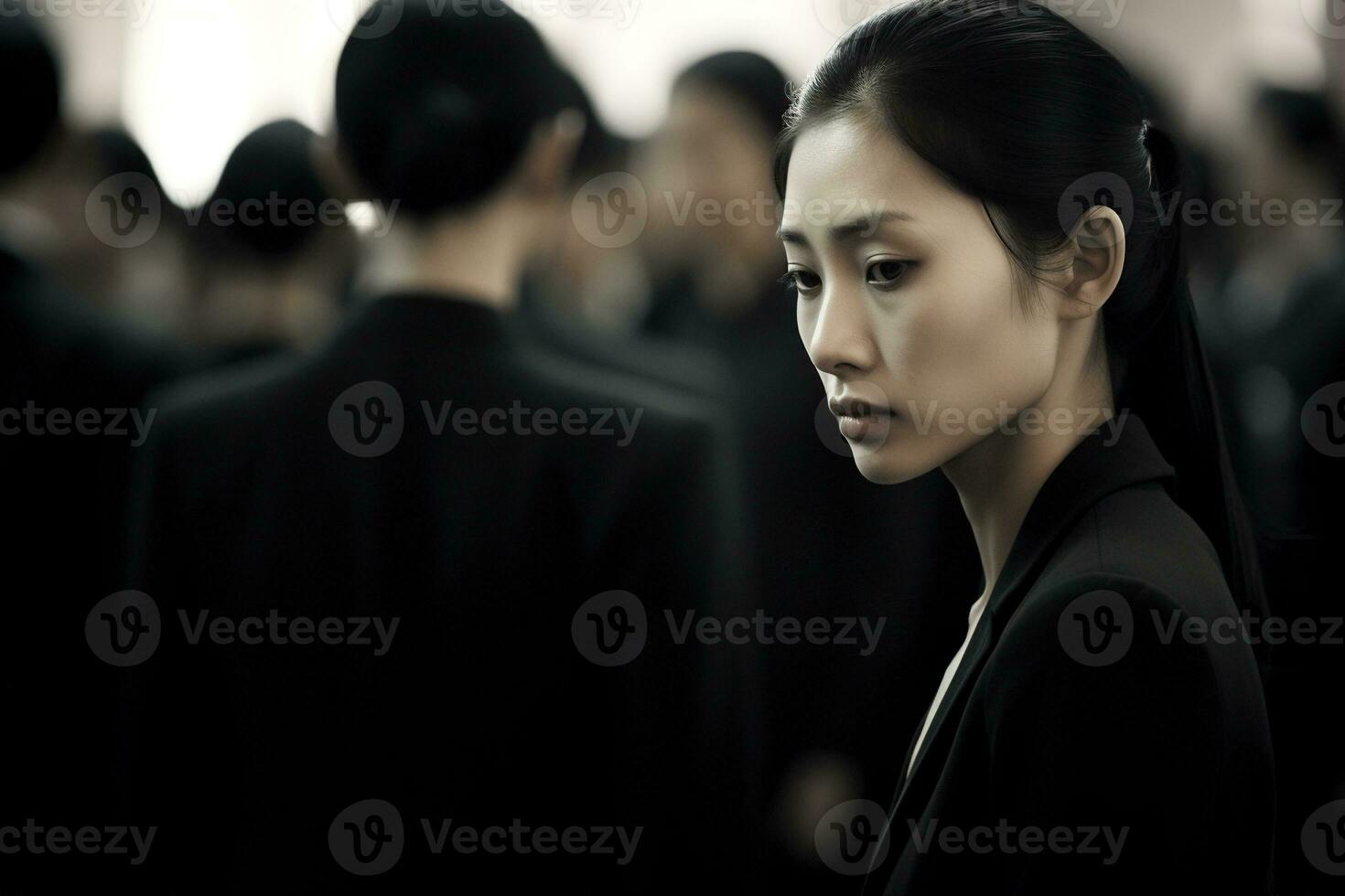 Asian woman in mourning at a funeral, shallow depth of field.Funeral Concept AI generated photo