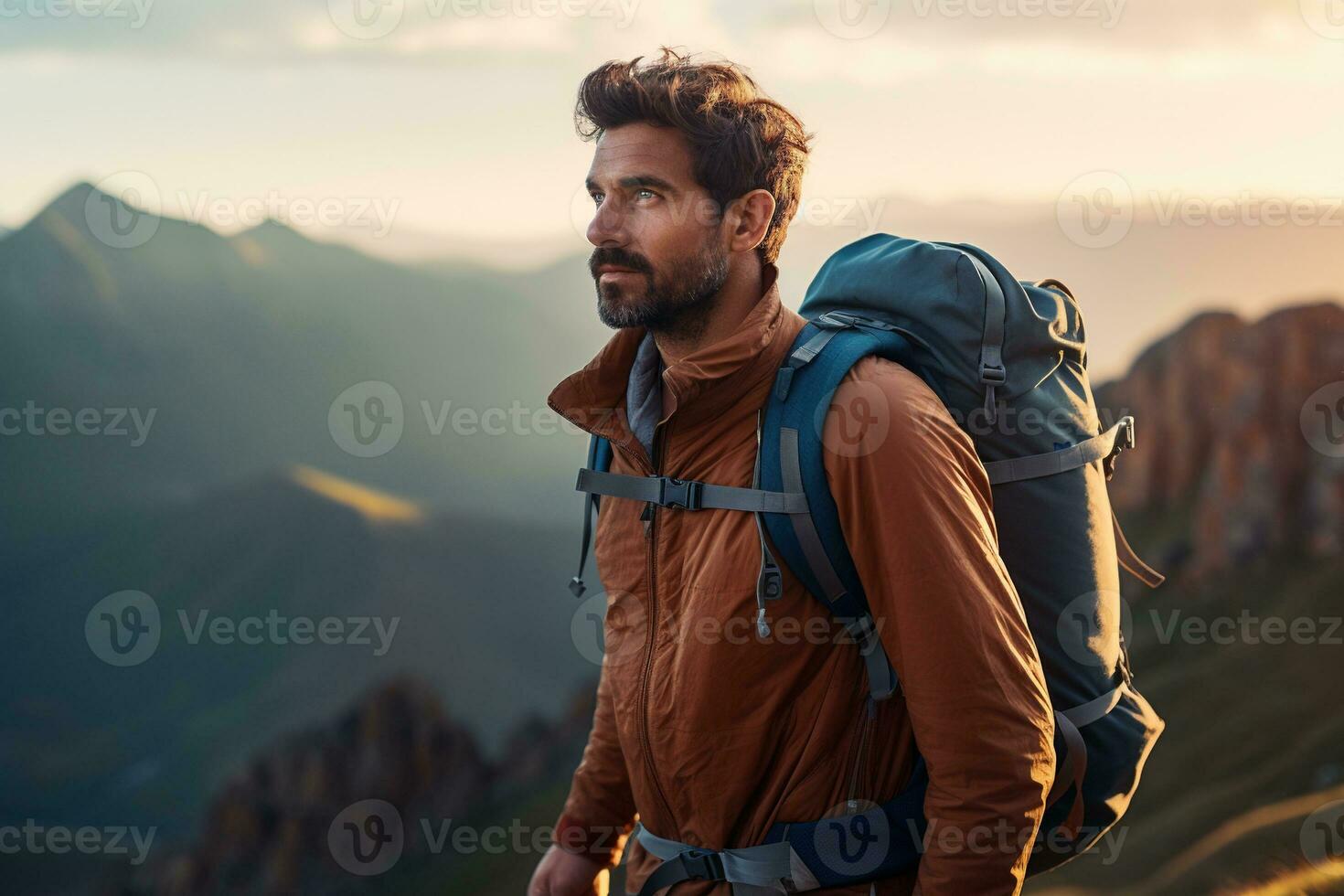 hermoso joven hombre con mochila excursionismo en el montañas a puesta de sol ai generado foto