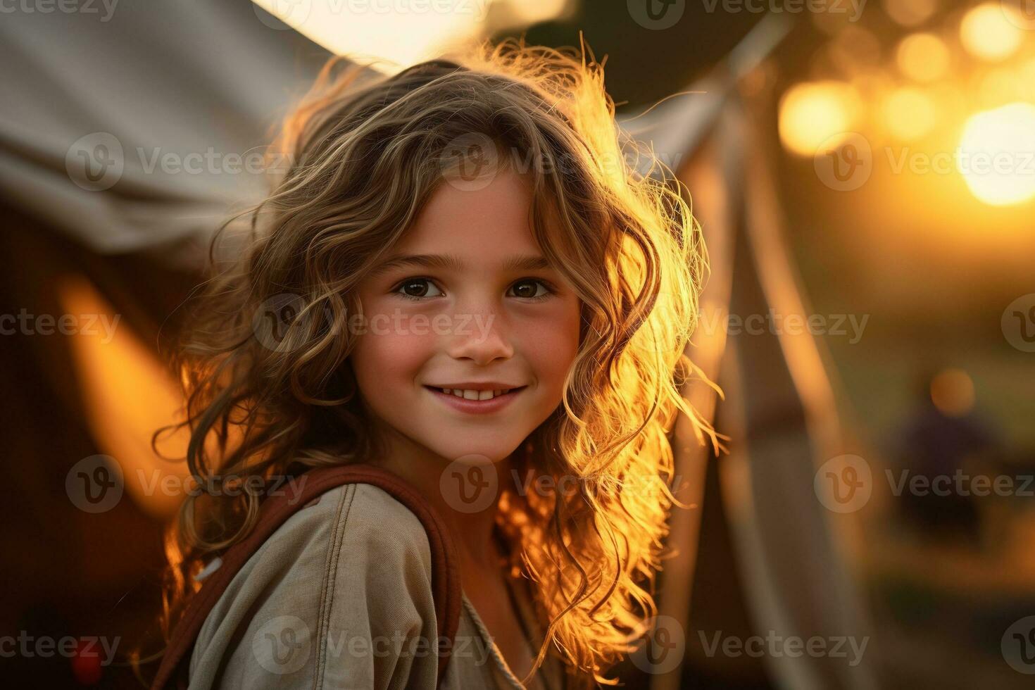 Portrait of cute little girl at camera while standing near camping tent at sunset AI generated photo